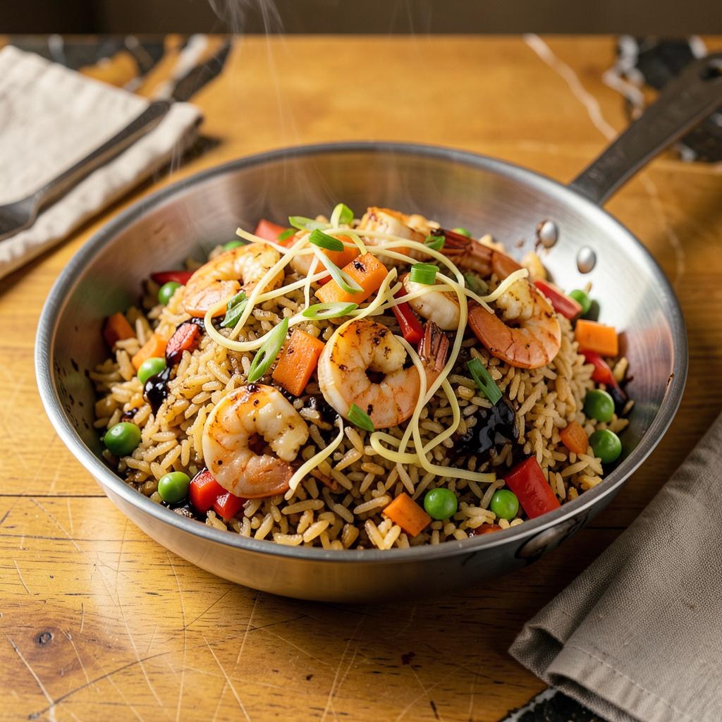 Visual Fried Rice Fried Rice in Stainless Steel Pan: Restaurant-Quality Wokless Wonders